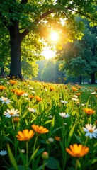 Fototapeta premium Golden light bathes lush green trees and wildflowers, summer meadow, golden, photography