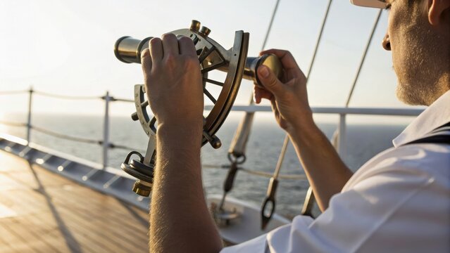 Man using a sextant on a boat deck during daylight, navigating and measuring angles with the ocean in the background.