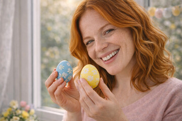 Obraz premium Happy red haired woman holding decorated Easter eggs near window, enjoying spring holiday and bright natural light.
