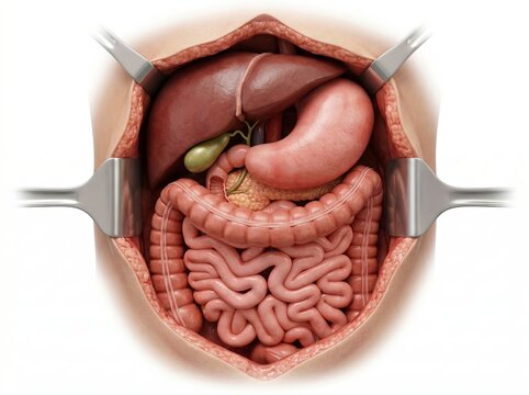 Open Abdomen Surgery View Digestive System Anatomy Illustration With Intestines Stomach And Liver