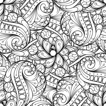 Seamless abstract floral pattern. Hand drawn symmetrical swirling ornaments