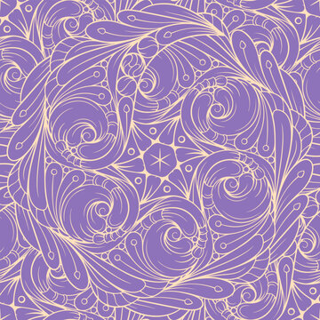 Seamless abstract swirl pattern. Hand drawn decorative ornaments on purple background