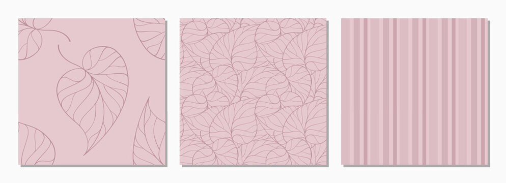 Hand drawn botanical seamless patterns. Dusty rose leaf set