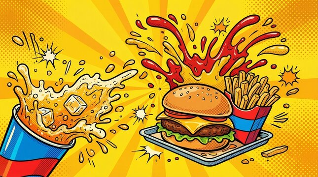 Pop Art Burger and Fries with Dynamic Soda Splash on Yellow
