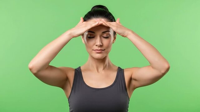Young woman in gray tank top holding hands on forehead with worried expression.