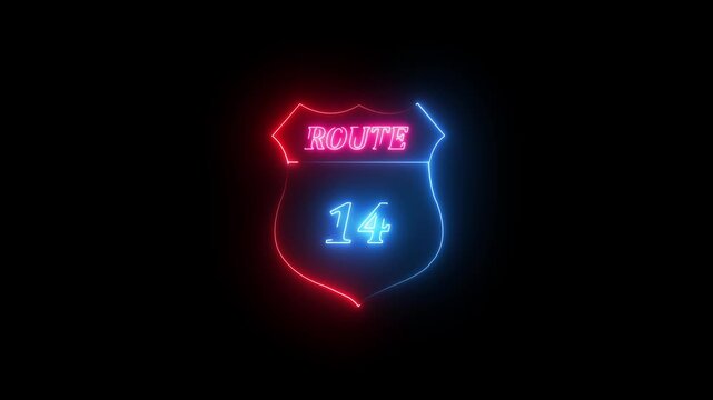 Neon Route 14 Sign Glowing Against Black Background neon sign road sign