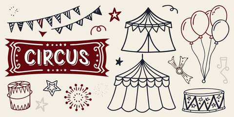 Colorful circus doodles including a tent balloons and festive decorations © Ganesh