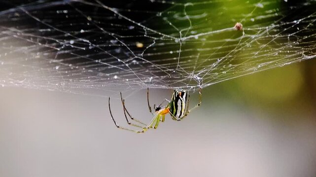 Spider hanging from intricate web on green leafy branch