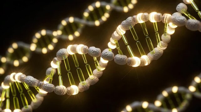 Glowing DNA double helix structure with illuminated nucleotides