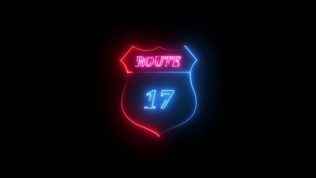 Neon Route 17 Shield Sign Illuminated in Red and Blue Light neon sign road sign
