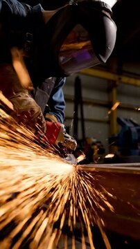 Worker Grinding Metal with Sparks in Workshop Industrial Angle Grinder Creating Bright Metal Sparks 