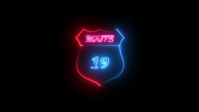 Neon Route 19 Shield Sign Glowing with Pink Red and Blue Lights neon sign road sign