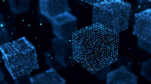 Blockchain technology cube background. Digital network chain, data connection concept. Abstract blue 3D geometric blocks linked by lines for crypto finance, business innovation and fintech