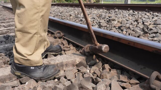 Worker uses a hammer to tighten an Elastic Rail Clip (ERC) on a steel sleeper
