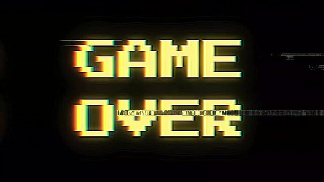 Nostalgic pixelated 'Game Over' text illuminated with vibrant retro colors and dynamic digital glitch effects, evoking classic arcade aesthetics and the finality of a digital challenge