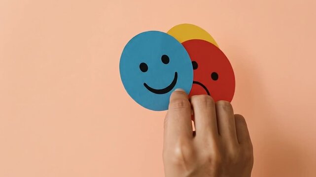Hand holding happy and sad face cards, symbolizing emotional choice, mood, mental health, and the duality of feelings.