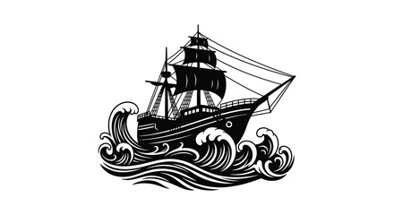 A detailed black and white illustration of a sailing ship navigating stormy waves presented as a silhouette © MIRAJ02
