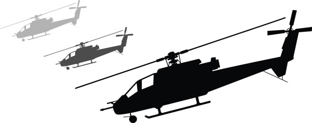 Black military helicopter silhouette set attack chopper AH-1 Cobra various angles side top front view combat aviation outline for logo emblem design illustration © Mehadul Expressive