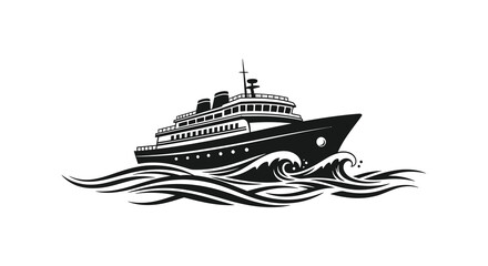 A striking black and white depiction of a cruise ship sailing through stylized waves silhouette high quality © MIRAJ02