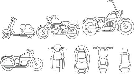 Motorcycle line art set scooter classic chopper cruiser various views side front top rear detailed outlines bike vehicle transport vector illustration for design logos © Mehadul Expressive