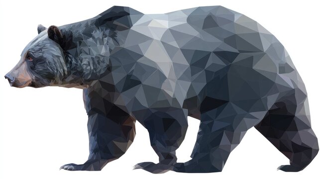 Polygonal illustration of a large bear walking, rendered in shades of grey