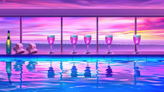 Poolside scene, drinks prepped, reflecting sunset and glasses