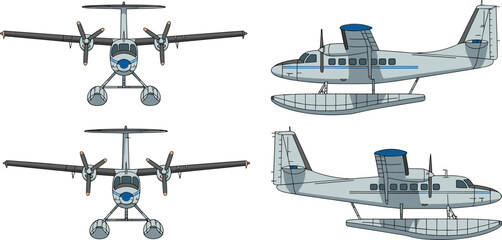 Seaplane amphibious aircraft blueprint set twin propeller top side front rear view detailed floats hull pontoon vintage aviation transport vector illustration for design template © Mehadul Expressive