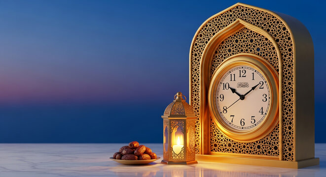 Luxury Ramadan Prayer Time Clock with Golden Lantern and Copy Space