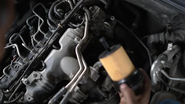 Car mechanic doing service and maintenance changing oil and fuel filters