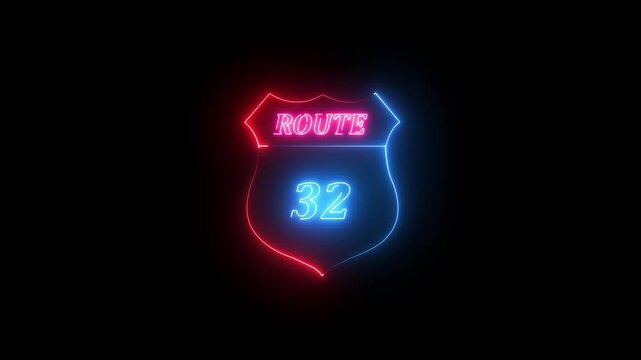 Neon Route 32 Shield Sign Illuminated in Red and Blue on Black neon sign highway