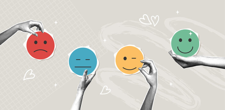 Customer satisfaction feedback scale with emojis. Trendy halftone collage. Modern minimalist design with a neutral background representing emotional well-being.