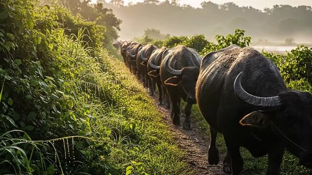 Herd of Water Buffaloes Walking Along a Rural Road in Green Landscape with Morning Mist