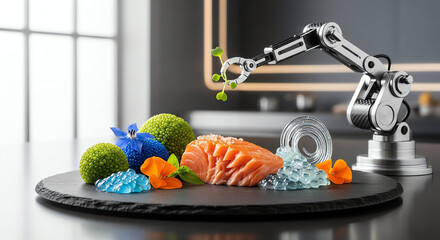 Innovative Sushi Preparation Using Robotic Arm in Modern Kitchen Setting.