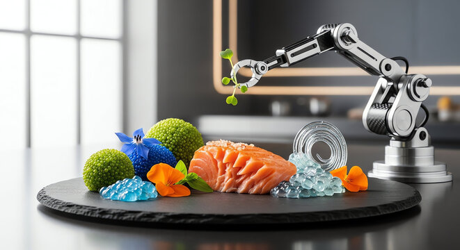 Innovative Sushi Preparation Using Robotic Arm in Modern Kitchen Setting.