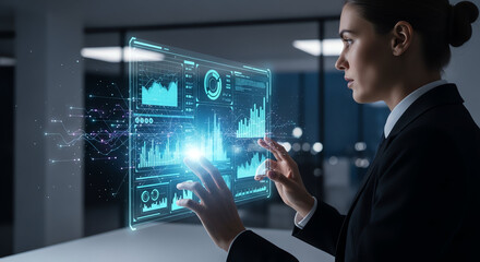 Obraz premium Businesswoman Analyzing Digital Data and Graphs on Futuristic Interface.