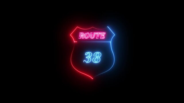 Neon Route 38 Shield Sign with Red and Blue Illumination on Black neon sign road sign
