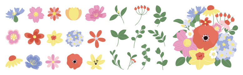 Naklejka premium Collection of colorful floral elements in flat color. Set of spring and summer wild flowers, plants, branches, leaves and herb. Hand drawn of blossom vectors for decor, website, graphic and shop.