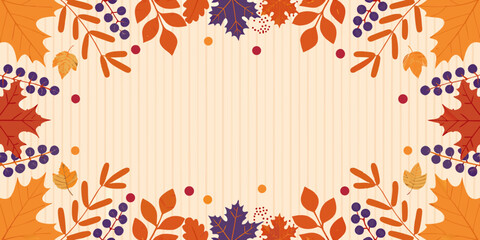 Autumnal frame with colorful leaves and berry branches on a striped background © Topoti