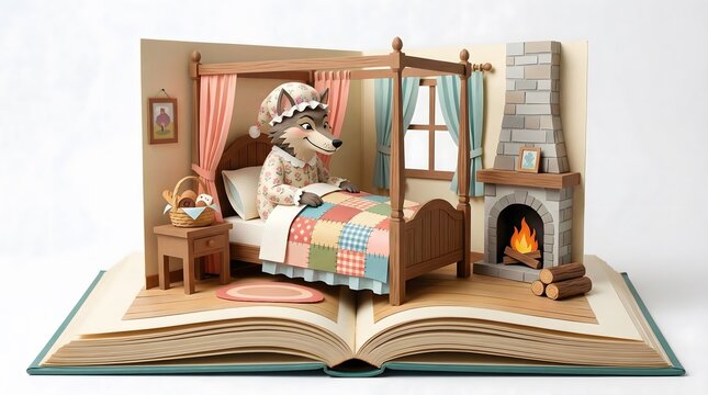 3D paper craft pop-up book of Little Red Riding Hood fairy tale featuring the big bad wolf in grandmother's bed