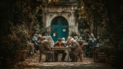 Naklejka premium Group of elderly people happily playing chess in a sunlit park, active senior lifestyle and social engagement concept for dementia prevention, commercial photography style