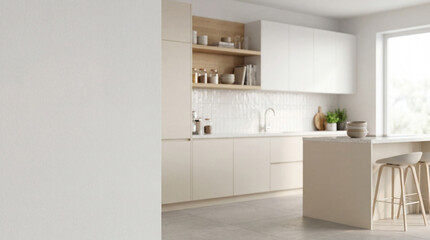  Modern Contemporary kitchen room interior .white and cream color material 3d render 