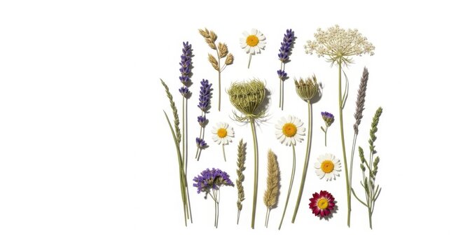 Collection of Pressed Wildflowers and Grasses Including Daisies, Lavender and Meadow Blooms on White Background for Botany, Scrapbooking, Nature Crafts and Design

