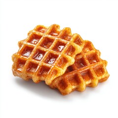Two golden brown Belgian waffles with shiny syrup glaze on white