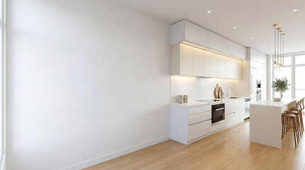  Modern Contemporary kitchen room interior .white and cream color material 3d render 