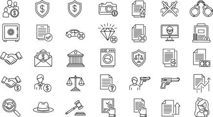 Hand Drawn Financial Security Icon Set with Insurance Protection Banking Documents Fraud Prevention and Legal Outline Vector Collection