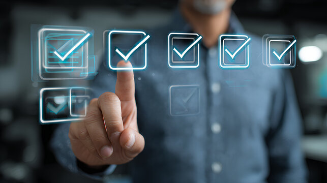 Business professional using digital checklist interface