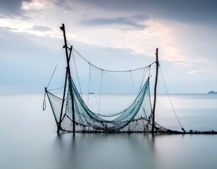 Obraz premium A serene seascape with a fishing net at dusk