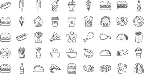 Hand Drawn Fast Food Icon Set with Burgers Hot Dogs Fries Tacos Sushi Donuts and Snacks Outline Vector Collection © Prodip