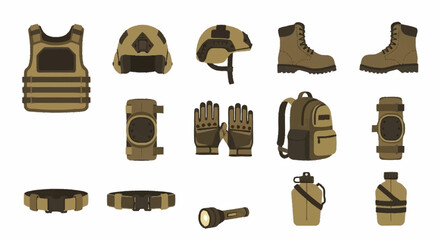 Assorted military tactical gear and equipment set on white background. © Busbus