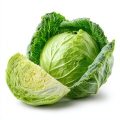 Fototapeta premium Whole fresh green cabbage with a quarter slice cut on a white background